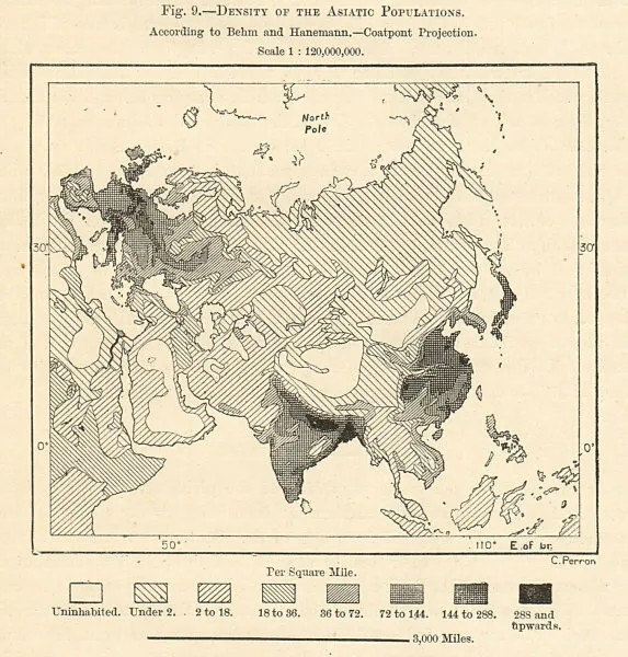 Asia Population Density. Behm & Hanemann. Coatpoint Projection. Sketch map 1885