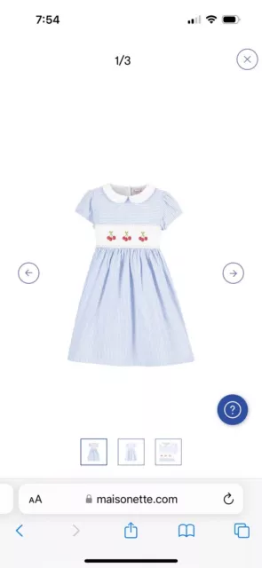 Trotters London Cherry Smocked Dress - Blue Stripe Size 3-6 Months