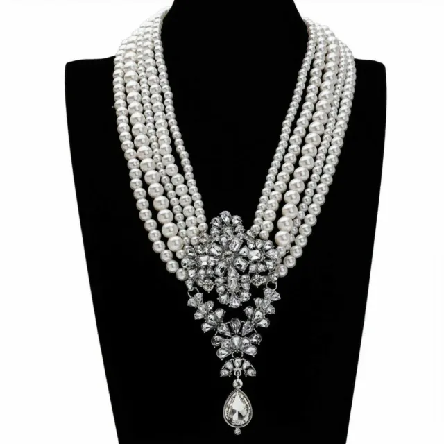 Fashion White Pearl Chain Crystal Chunky Choker Statement Pendant Bib Necklace