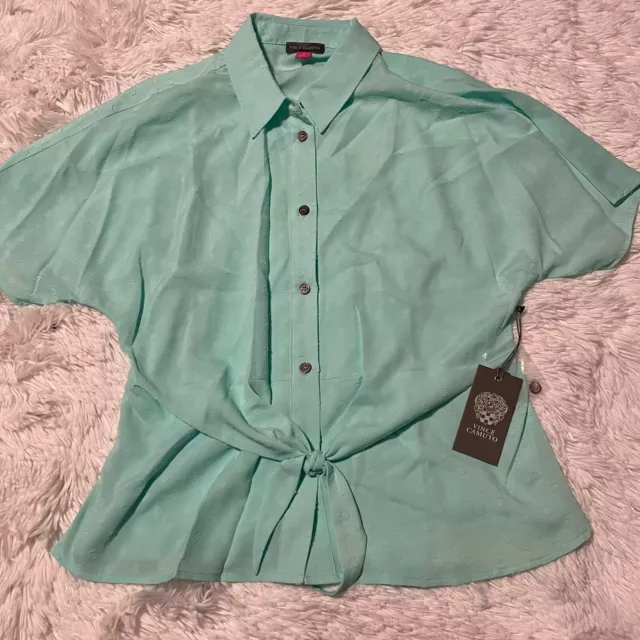 Vince Camuto Womens Size XS Aqua Ice Short Sleeve Button Down Top NWT $99