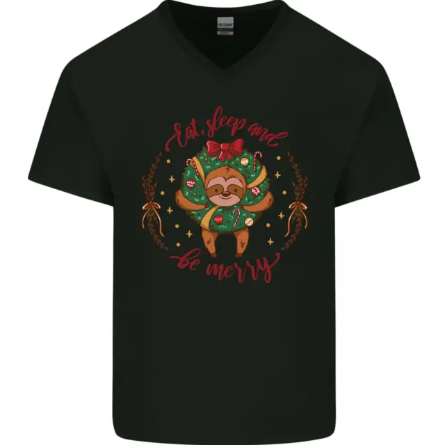 T-shirt da uomo Sloth Eat Sleep & Be Merry divertente Natale collo a V cotone