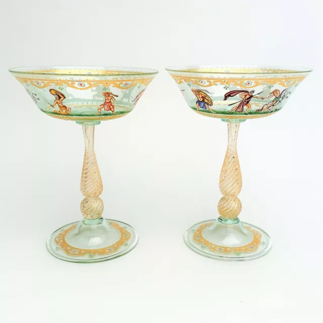 Pair Salviati Venetian Hand Painted Champagne Saucers, Sabine Mythology Scene