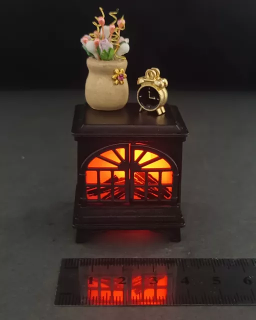 12th scale Dolls house miniature lights up black wood burner 2