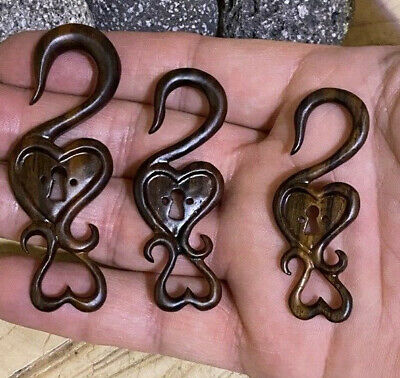 Pair Long Ornate Carved Heart Key Hole Sono Wood Spirals Gauges Plugs Earrings