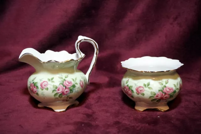 AYNSLEY Mini Creamer and Sugar Bowl  Roses Pale Green  1960s  Fine Bone China