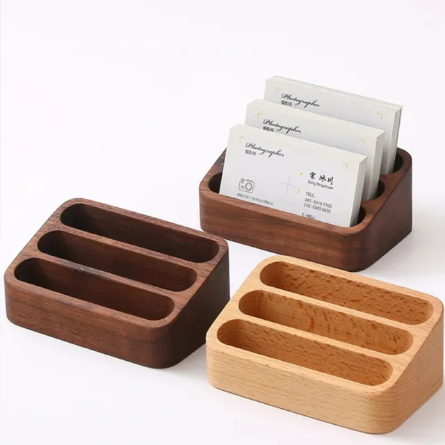Walnut Wood Business Card Holder Stand Smooth Edges Heavy Duty Simple Design