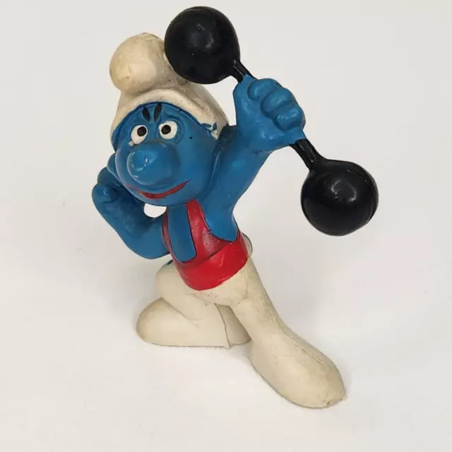 Vintage 1980s SCHLEICH Smurfs Peyo Gymnast Barbell Weightlifter Figure Toy