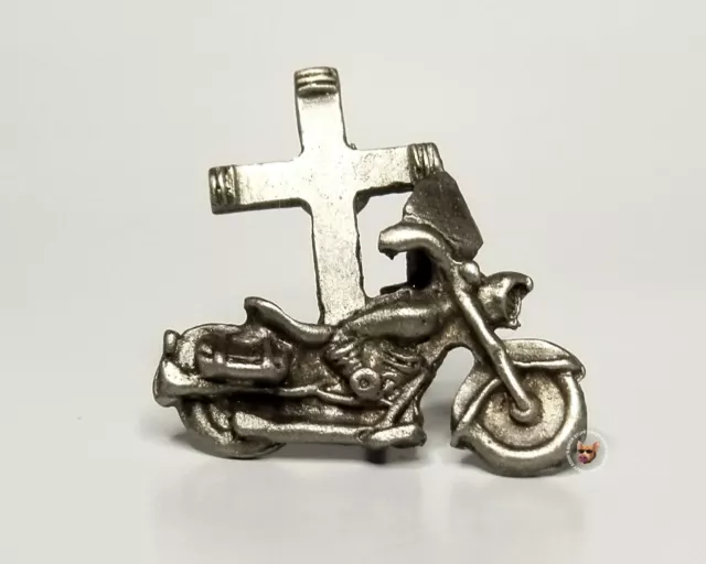 Cross with Motorcycle  Biker Pewter Pin Made in USA Christian Pin Free USA  Ship