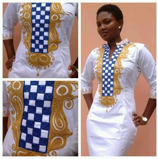 Odeneho Wear White Polished Cotton Dress/ Embroidery Design.African Clothing.