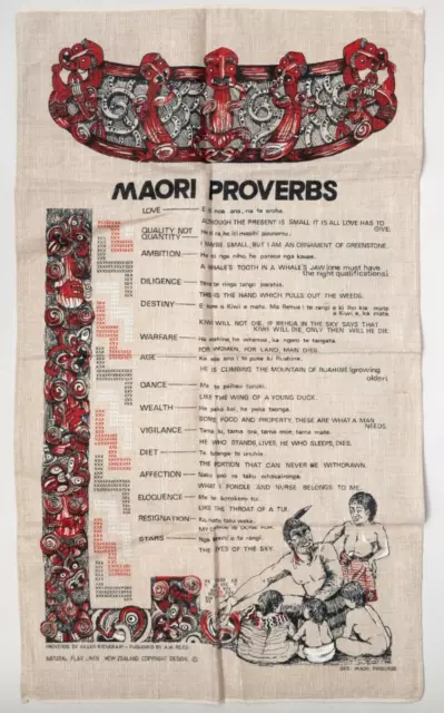 New Zealand Tea Towel Maori Proverbs Flax Linen Aileen Brougham Souvenir Vintage