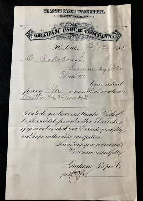 1885 antique GRAHAM PAPER CO St Louis Missouri Letterhead Letter Receipt