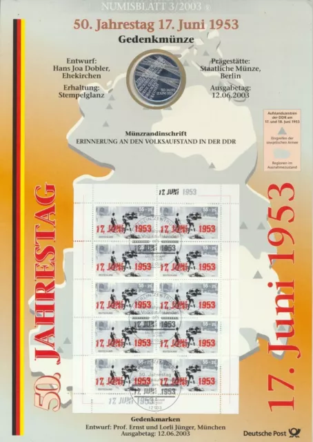 Germany: 2003 Silver 10 Euro Uprising in East Germany 1953 Numisblatt 3/2003