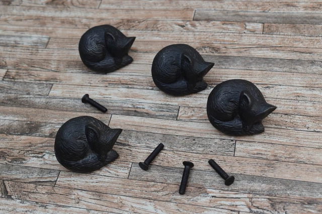 4x Vintage Cast Iron Knobs Sleeping FOX Shape Drawer Cabinet Door Pulls Handle