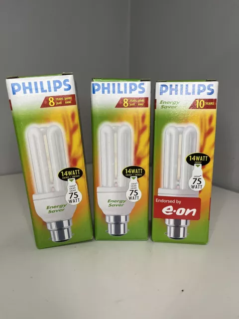 3 x Philips 14 Watt (75watt) Bayonet Energy Saving A Rated Light Bulbs...NEW