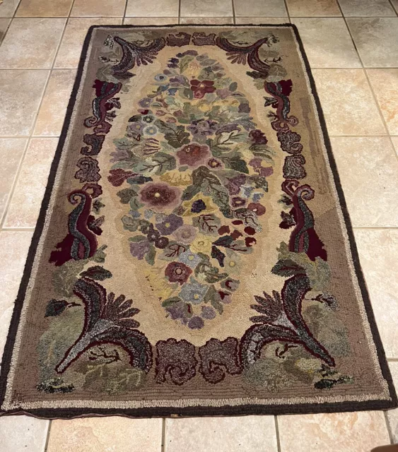 Unique Handmade Antique Hooked Rug with Unusual Colors V.Good Condition 74”X 45”