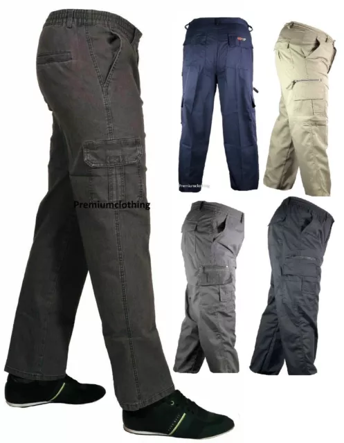 Mens New Elasticated Cargo Combat Work Cotton lightweight Trousers Pants  Bottoms