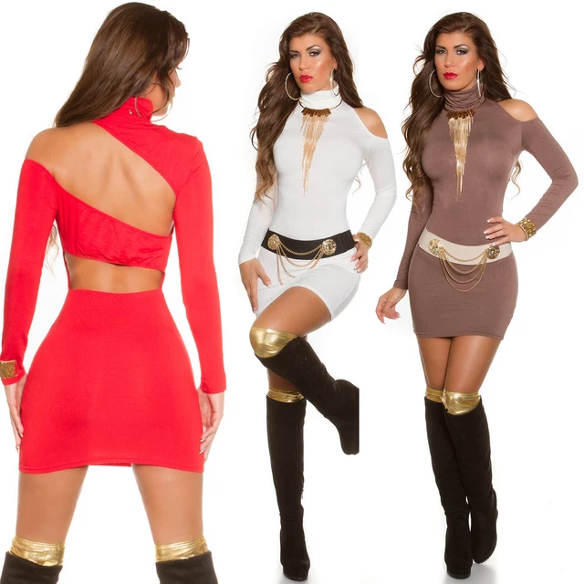 Vestito Donna Elegante Corto Maniche Lunghe Mini Abito Collo alto da Festa Sexy