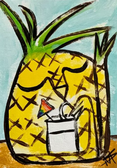 Original ACEO Painting Cat Miniature Beach Pineapple Art Card By Samantha McLean