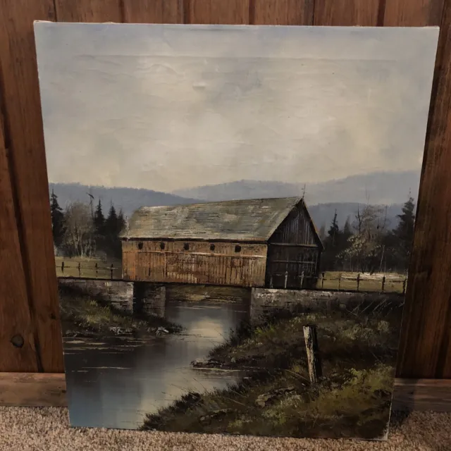 Vintage J. Medina Original Oil Painting Fall Landscape Covered Bridge Over River