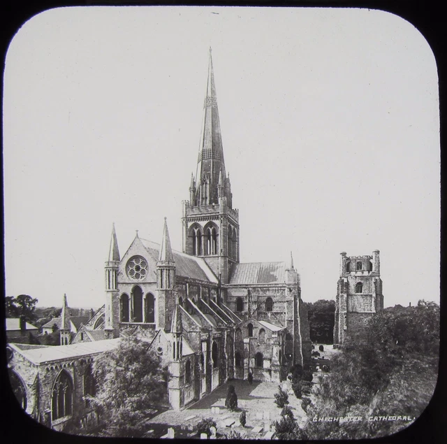 JV Glass Magic Lantern Slide CHICHESTER CATHEDRAL EXTERIOR C1890 PHOTO SUSSEX