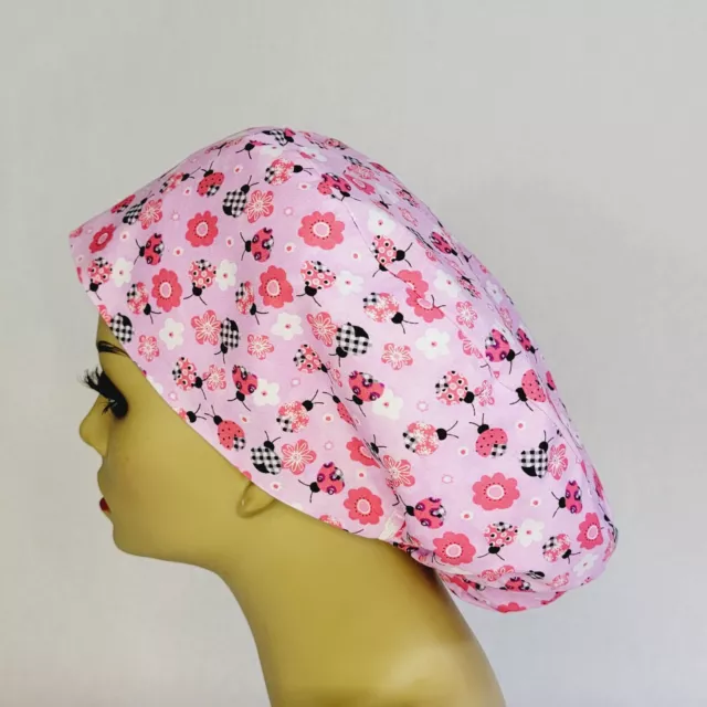 European Women Scrub Hat, Surgical Cap, Pink Lady Bug, Nurses Hat, Medical