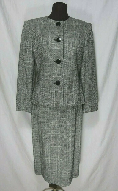 Vintage Bianco Nero Plaid Gonna Aderente Abito Completamente Foderato Misto Lana
