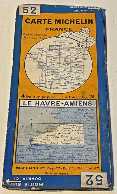 Ancienne Carte Routière Michelin N°52 - Le Havre / Amiens - 1953 - Bon état