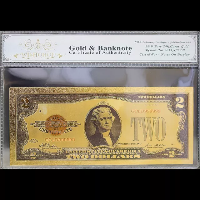 Gold 1928 $2 Two Dollars Banknote Collectible with Bag & Certificate
