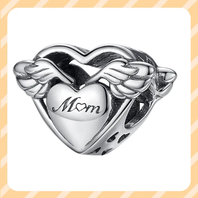 Real Mom Angel Feathers Heart Dangle 925 Sterling Silver Women Bracelet Charm