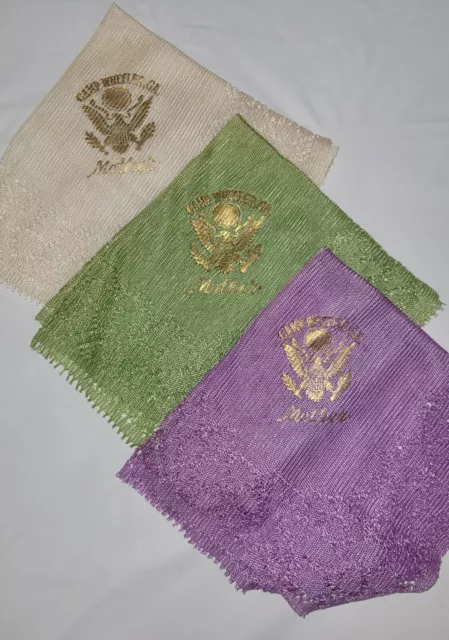 Vintage Camp Wheeler GA Lot of 3 Lacey Handkerchiefs "Mother" Green Purple Cream