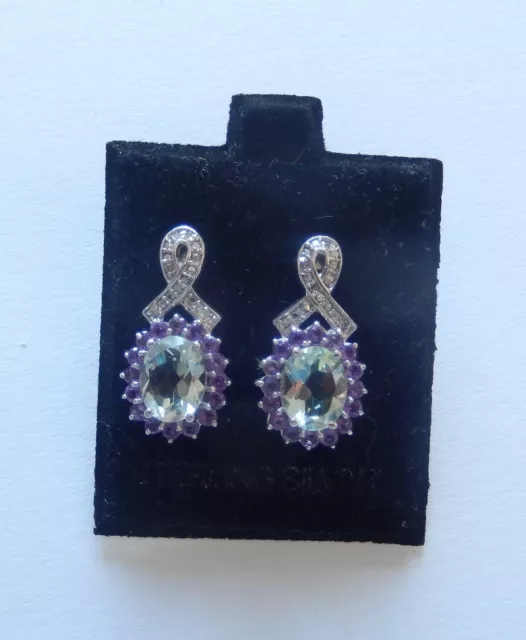 Sterling Silver Earrings -Amethyst-Green & Purple- Small diamonds bow oval