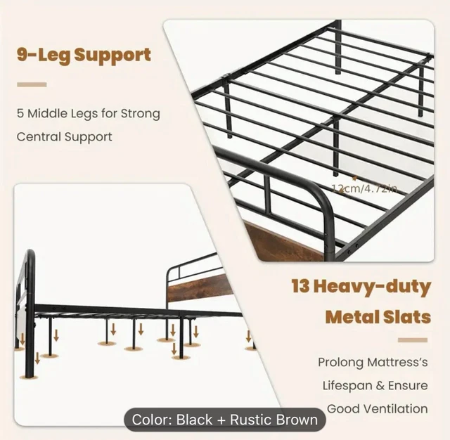 KING SIZE BED Frame Platform Metal Slats Support Bed W/ Industrial