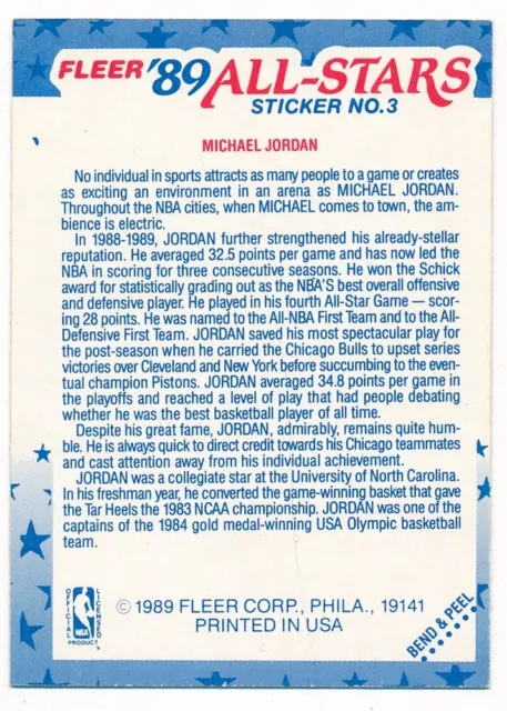 CARTE BASKET-BALL MICHAEL Jordan 1989/90 Fleer #3 Autocollant All Star ...