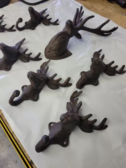 6 Rustic Elk Deer Moose Head Hooks & LG CENTER PIECE Cast Iron Coat Hooks