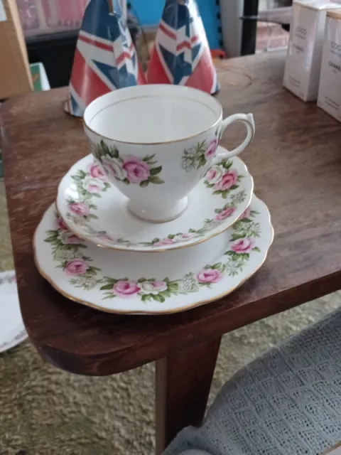 Colclough Enchantment  pattern Pink & White Roses Cup, Saucer & Side Plate Trio