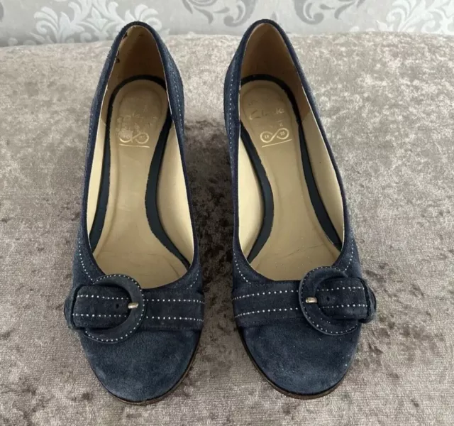 Clarks Blue Suede Wedge Heel Buckle Front Court Shoes Heels - Ladies Size UK 5