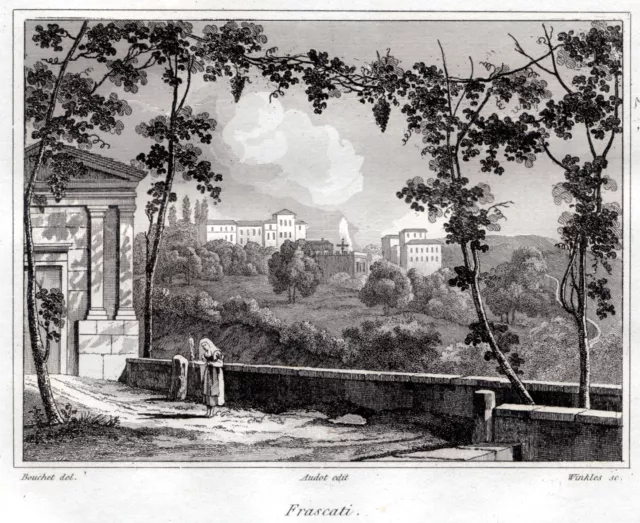 Frascati: Panorama. Audot.Acciaio. Stampa Antica di 180 anni + Passepartout.1836