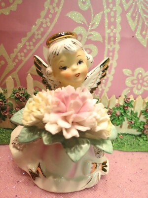 Vtg Lefton PINK Angel Girl Gold Bow Dress Holds Carnation Pink Yellow Bouquet