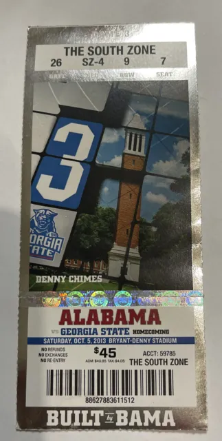 Alabama Football Vs Georgia State game Day ticket Stub. 2013.