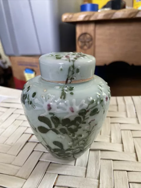 Antique Chinese Celadon Porcelain Painted Ginger Jar Green Purple Floral