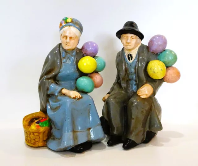 Rare Vintage Ceramic Elderly Old Man & Woman Couple with Balloons Figurine Set