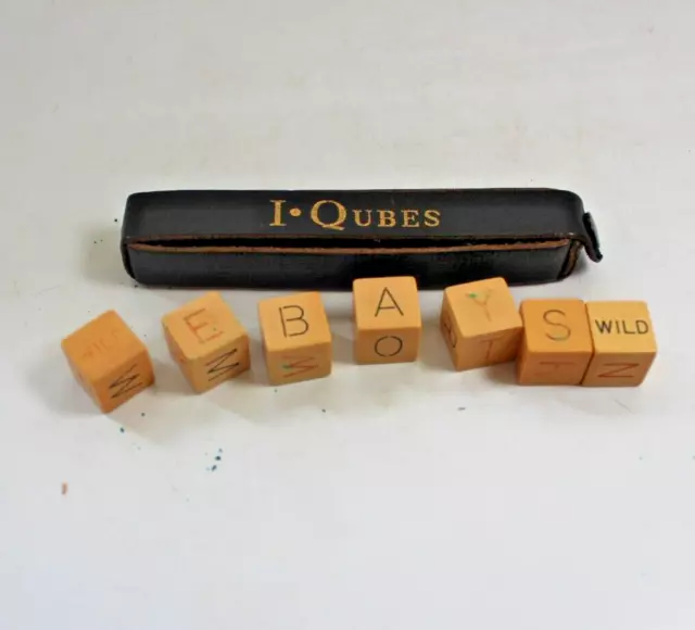 Vintage 1940s IQubes Bakelite Dice Crossword Game Pieces w/ Leather Case I Qubes