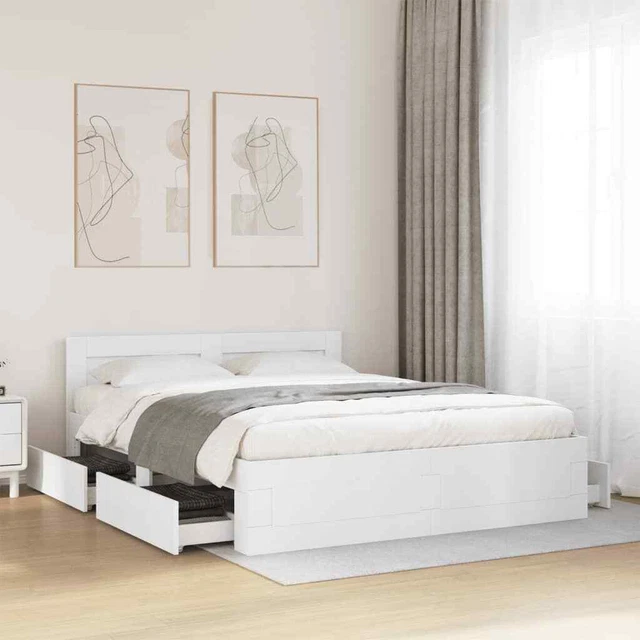 MODERN WOODEN WHITE King Size Bed Frame Base With Headboard & Storage ...