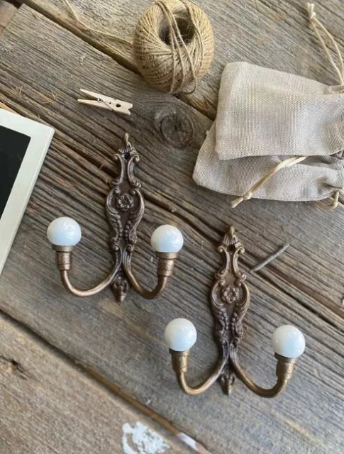 2 Vintage-Old-STYLE Brass Wall Mount Double Hooks w/ Porcelain Balls @ Hook Ends