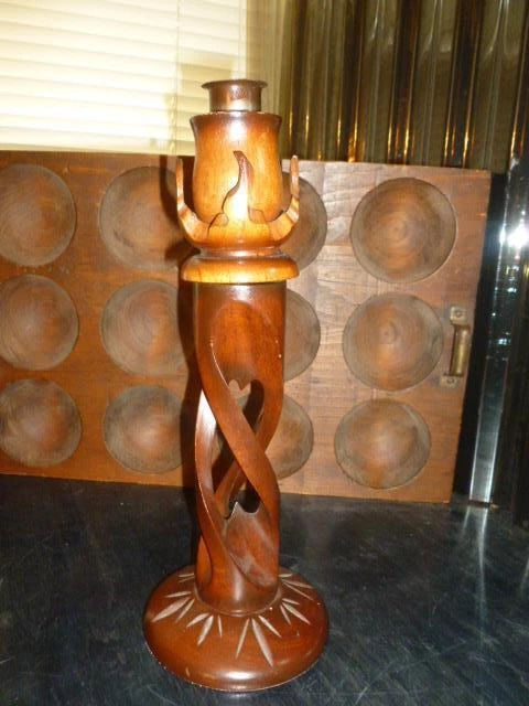 Vintage Hand Turned Wooden Flame Barley Twist 12" Taper Candlestick