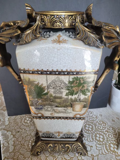 BEAUTIFUL  & UNUSUAL!  SQUARE Satsuma Style Vase/Urn/Crackle Finish/Gilded - 19"