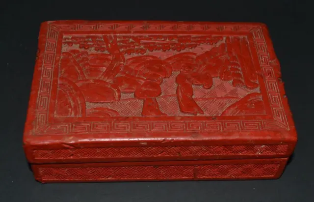 Antique Chinese Red Cinnabar Carved Wooden Lacquer Box