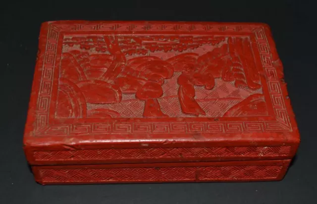 Antique Chinese Red Cinnabar Carved Wooden Lacquer Box