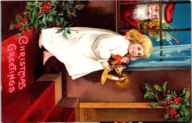 SANTA Peeking Through a Window CHRISTMAS Greetings Postcard - International Art