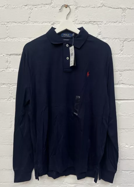 Polo Ralph Lauren LS Solid Custom Slim Interlocked Golf Polo Shirt Navy Large L